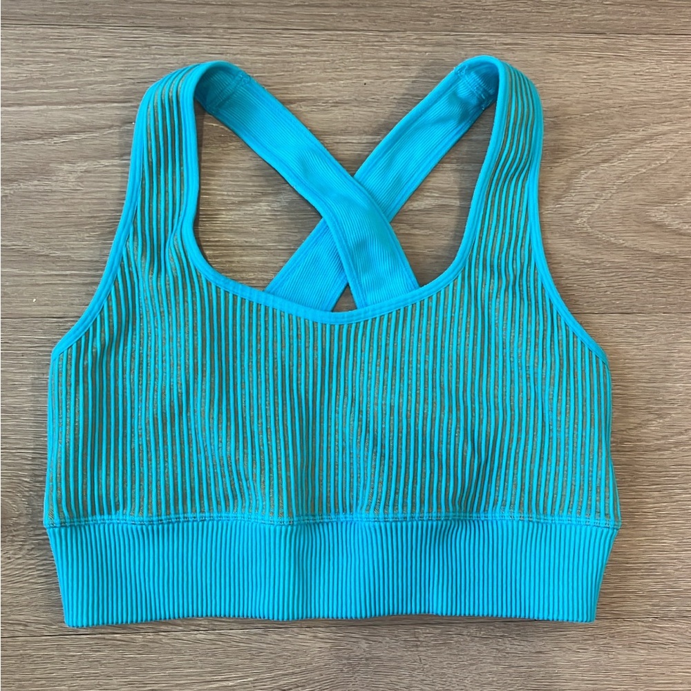 JoyLab brand ribbed seamless sports bra, likely in a blue
